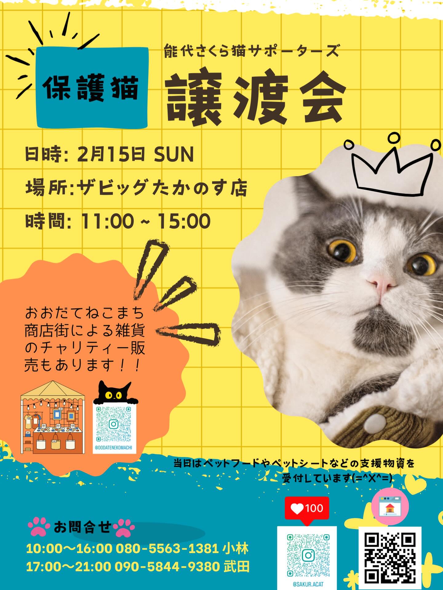 ⭐️2月譲渡会のお知らせ🐈⬛
2月15日日曜日
イオンタウン鷹の巣 ザビッグたかのす店にて。
11:00〜15:00
かわいい保護猫たちに是非会いに来てください✨
まだ生後半年くらいから、年長さんまで個性豊かな保護猫さんがずっとのお家を探しています🔍😻
おおだてねこまち商店街さんによる
雑貨の販売もあります🥰
素敵な雑貨ばかりですよ😃寒い冬はお家時間も長くなるので
お部屋に素敵な雑貨を取り入れて見てはいかがでしょうか🏠✨12月は売り切れ続出でした。お買い求めは是非お早めに👍