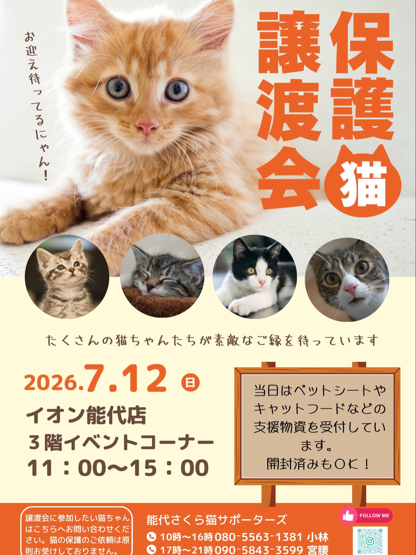 7月の譲渡会のお知らせです📢

7月は12日日曜日
場所はイオン能代店　3階のゲームセンター隣の
イベントコーナーです😸

当日は使わなくなったペットシート
（サイズはスーパーワイド、レギュラーサイズが不足がちです。）
またキャットフードやおやつなど支援物資を受付しております。開封済みも可能です✨

よろしくお願い致します🙇‍♀️

子猫から成猫までいろんな猫がずっとのお家を
待っています🥰
是非皆様のお越しをお待ちしております😸✨

譲渡会に参加されたい猫さんは、お問合せの
電話番号までご連絡ください。
※猫の保護のご依頼は原則お受けできません。
